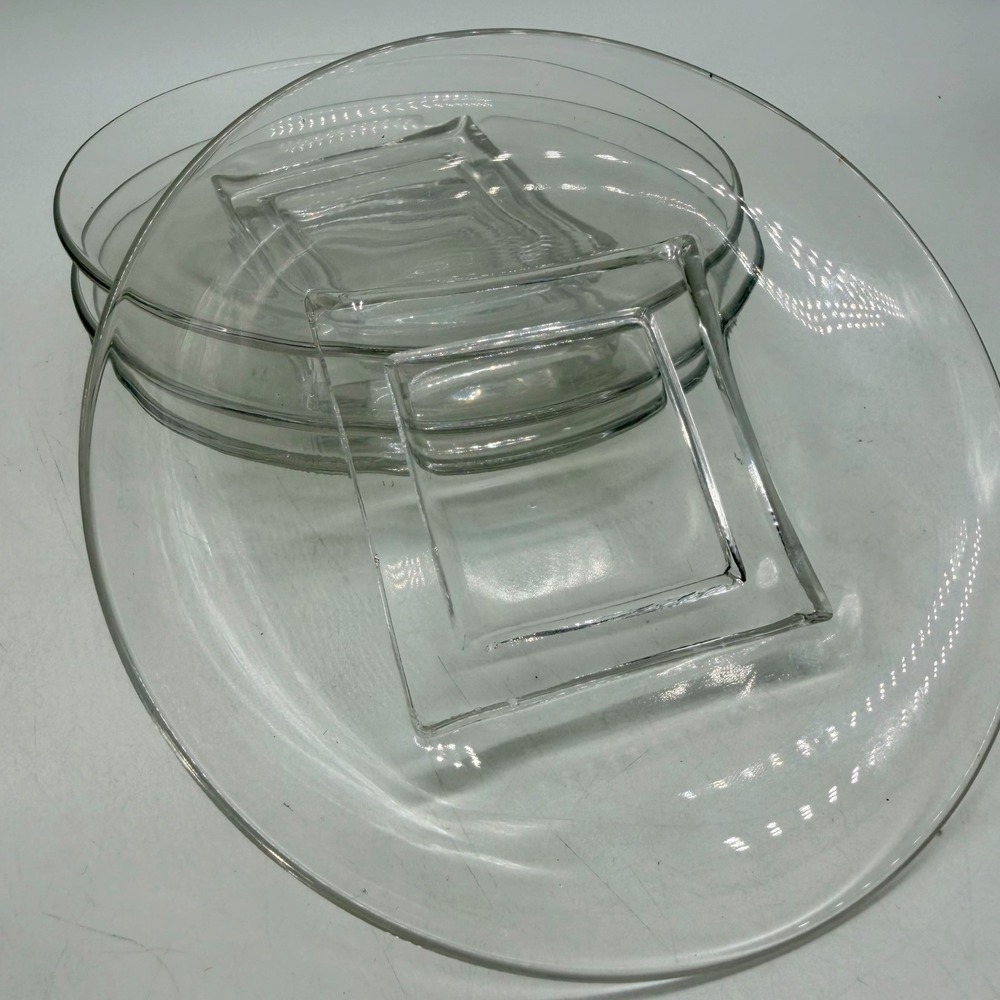 Unbranded Clear Glass Round Snack Plates with Square Center Set of 4 Excellent